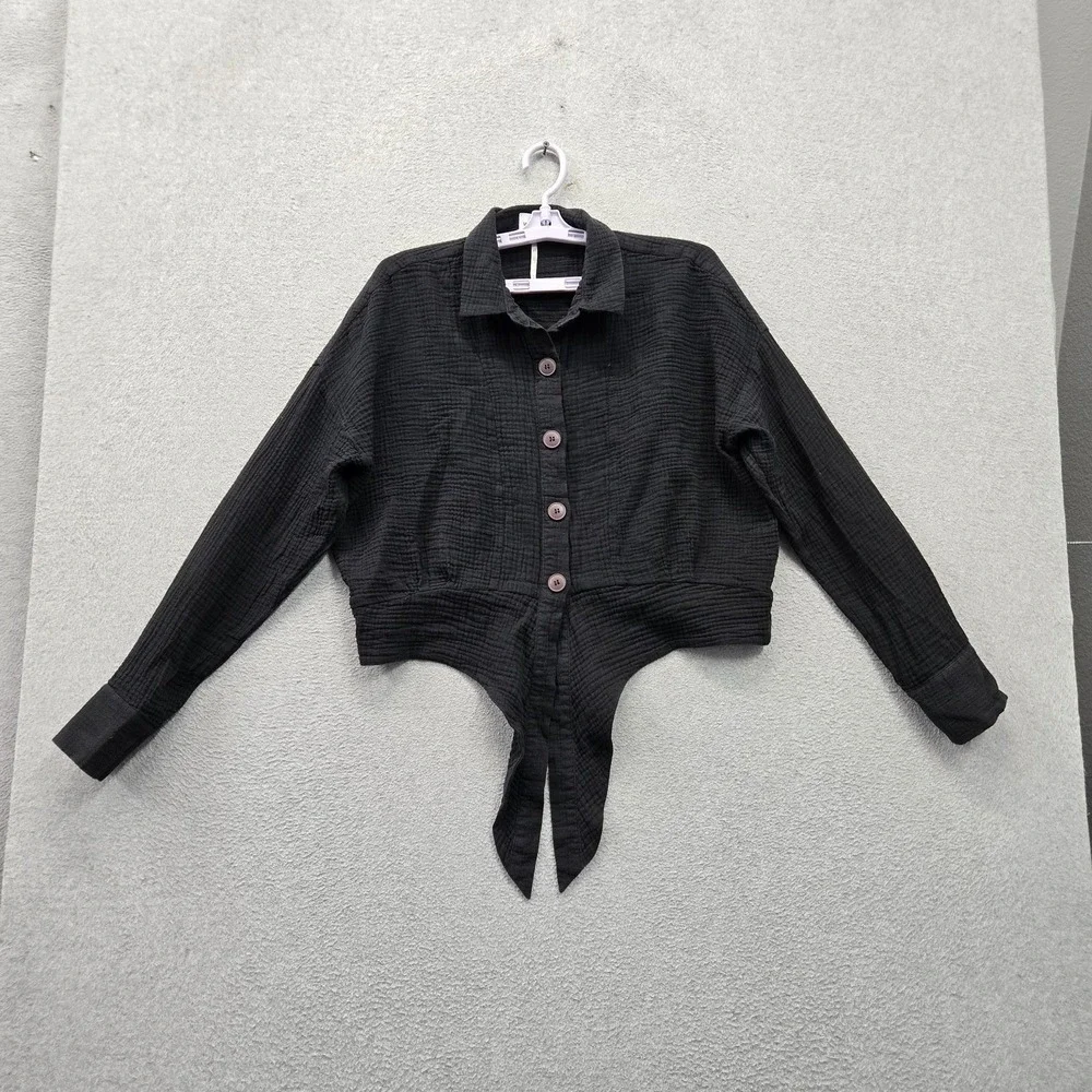 Free People Women Blouse M Black Sunstreaks Tie Front Button Down Cropped Collar